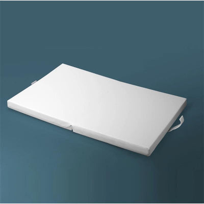 White, foldable mattress designed for Port A Crib, featuring a smooth surface and handles for easy transport.