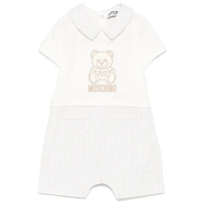 Beige short sleeve romper featuring a bear print, with a collar and striped shorts, from Moschino Baby.