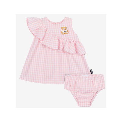 Ruffled gingham dress in white and light pink, featuring a bear motif, paired with matching bloomers.