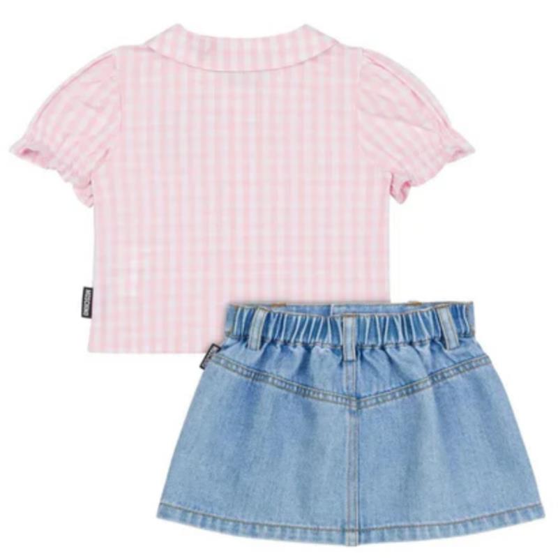 Moschino Baby - Girl Short Sleeve Gingham Blouse Bear Patch Denim Skirt Image 2