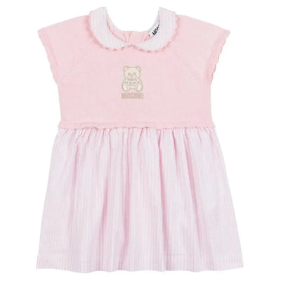 Light pink Moschino Baby short sleeve knit top striped dress features a bear logo design and scalloped collar.