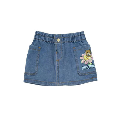 Moschino Baby - Girls Denim Stretch Skirt Bear Flower Sequin, Baby Blue Image 1