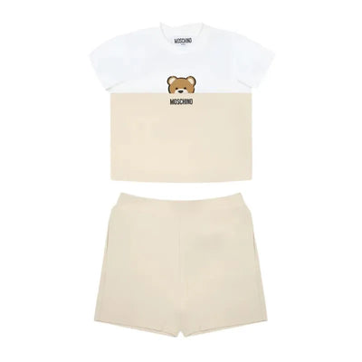 Short sleeve beige tee and shorts set with bear print, featuring Moschino branding on the shirt.