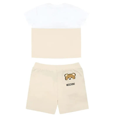 Short sleeve beige tee and shorts set featuring a bear print on the back pocket, presented in a gift box.