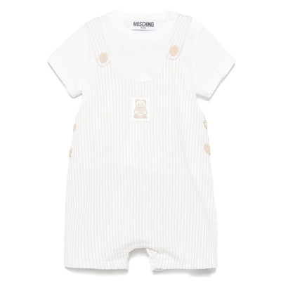 Beige unisex short sleeve tee with striped overalls featuring a bear patch and button details from Moschino Baby.