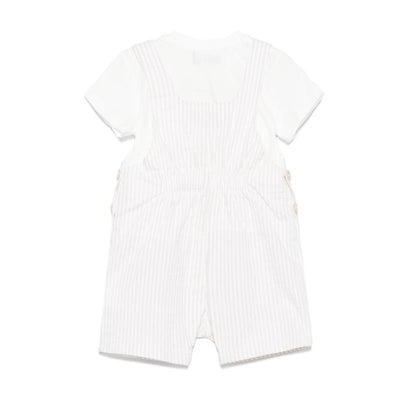 Unisex beige short sleeve tee with striped overall and bear patch, featuring button details on the sides.