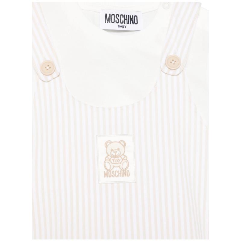 Moschino Baby - Unisex Short Sleeve Tee With Striped Overall And Bear Patch Beige Image 3