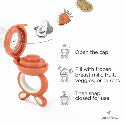 Soothing silicone teething toy in terracotta, designed to hold frozen baby food, fruit, or puree; includes usage instructions.