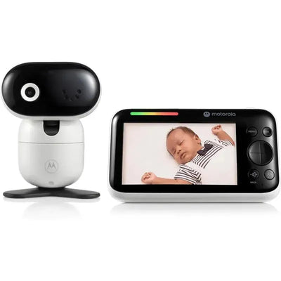 Motorola 5 Motorized Video Baby Monitor with camera, featuring a display showing an asleep baby and a sleek black and white design.