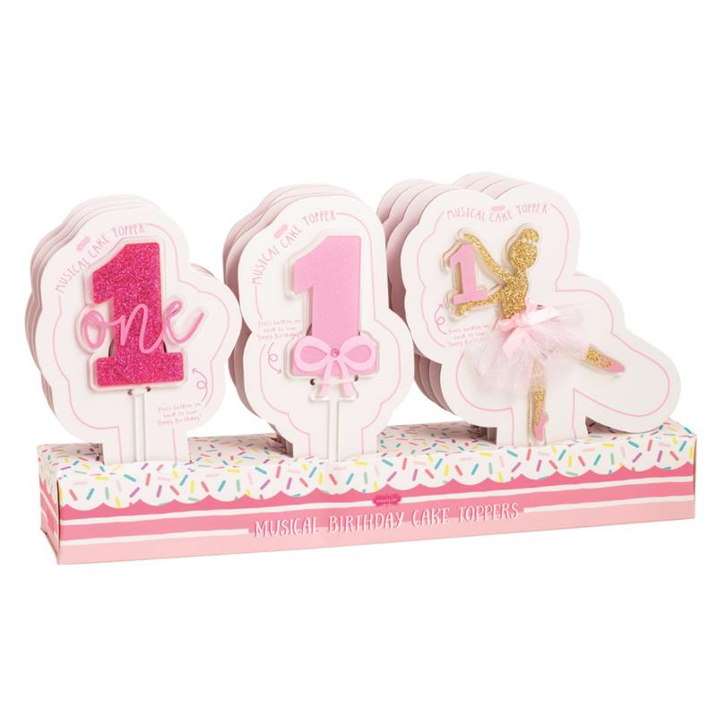Acrylic birthday cake topper set featuring pink and gold designs, including a ballerina and the number one.