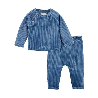Baby blue velour pant set featuring a long-sleeve top with button details and matching pants.
