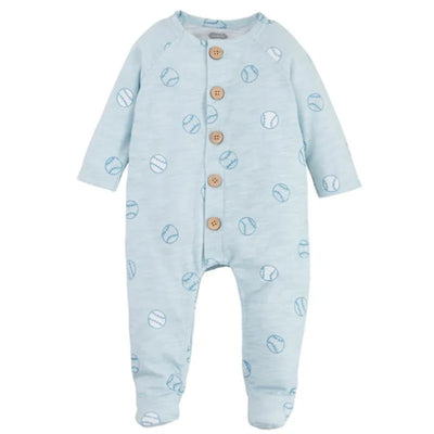 Baby boy sleeper in light blue with baseball print and wooden button closures, perfect for cozy wear.
