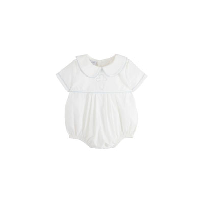 Ivory poplin bubble for baby boy featuring a round collar and embroidered cross detail at the chest.