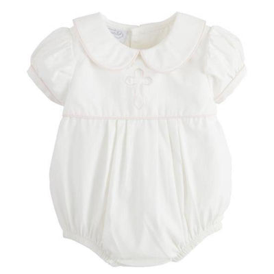 Baby girl white poplin bubble dress featuring short puff sleeves, a collar, and an embroidered cross detail.