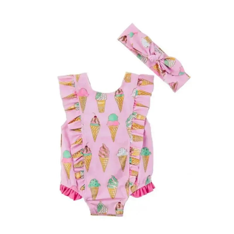 Mud Pie Baby Girls Pink Gingham Bubble Romper & Headband Set - Easter Outfit With Flutter Sleeves