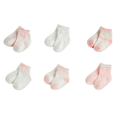 Baby pink and white socks with bows, featuring multiple pairs for infants, displayed in a grid layout.