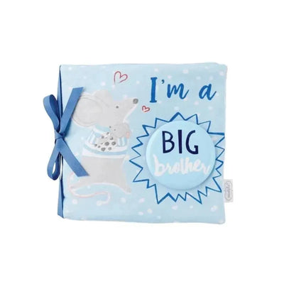 Soft blue book featuring a mouse illustration and the text “I’m a BIG brother” with a pin set included.