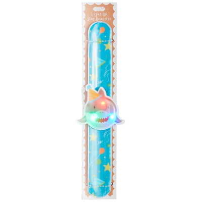 Light-up slap bracelet featuring a shark design with colorful accents and festive elements, ideal for birthdays.