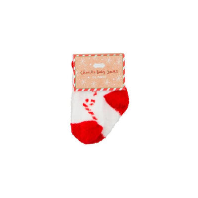 Christmas-themed chenille baby socks in red and white with a candy cane pattern, packaged with a festive label.