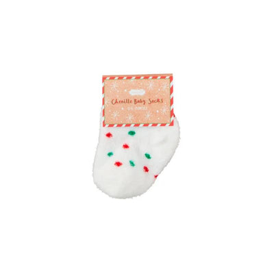 Soft white chenille baby socks with red and green polka dots, packaged with a holiday-themed label.