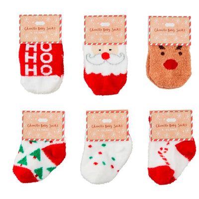 Christmas-themed chenille baby socks featuring designs of Santa, a reindeer, trees, and festive patterns, packaged with labels.