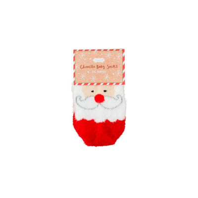Christmas-themed chenille baby socks designed like Santa, featuring a red and white color scheme and playful facial details.