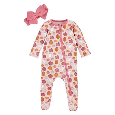 Cowgirl sleeper set for infants featuring a pink design with colorful pumpkins and a matching headband. Size 6/9 months.