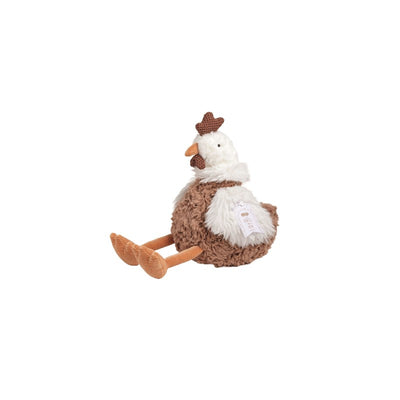 Plush hen toy with a soft brown body and white wings, featuring a cute face and a small crown on its head.