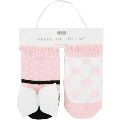 Gingham rattle toe sock set for infants, includes pink socks with polka dots and floral design, sized 0-12 months.