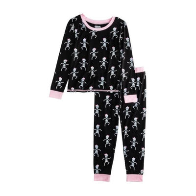 Toddler pajamas featuring a pink skeleton design on a black background with pink trim.