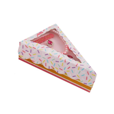Hot pink birthday jewelry set featuring a necklace and earrings, presented in a cake-shaped box with colorful sprinkles.