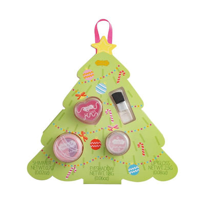 Kids Christmas tree makeup card featuring shimmer, eyeshadow, and lip gloss in a festive design.