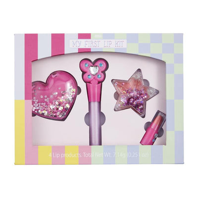 Colorful lip kit for children featuring four products in various shapes: heart, flower, star, and lipstick.