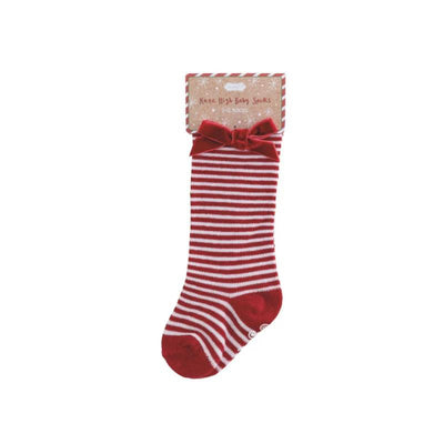 Mud Pie - Red Stripe Tall Christmas Bow Sock 0/12M Image 1