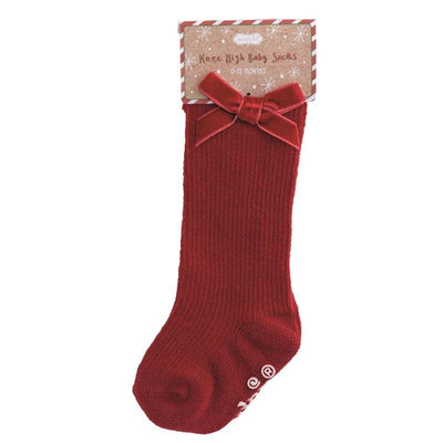 Mud Pie - Red Tall Christmas Bow Sock 0/12M Image 1