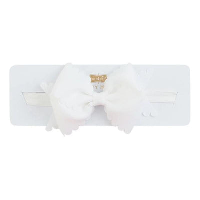 White scallop bow headband by Mud Pie displayed on a white card, featuring a satin band and decorative bow detail.