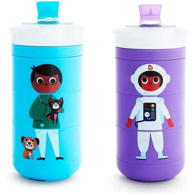 Twisty Bite Proof Sippy Cup set featuring colorful designs, one with a child and a cat, the other with an astronaut character.