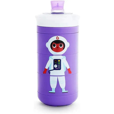 Twisty Bite Proof Sippy Cup in purple features an astronaut character design and a spill-proof lid.
