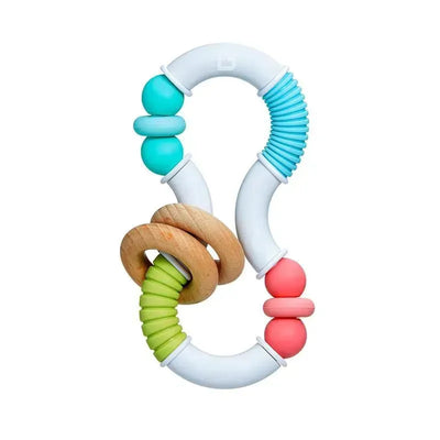 Silicone and wood twisty figure 8 toy featuring colorful beads, perfect for sensory play and teething.