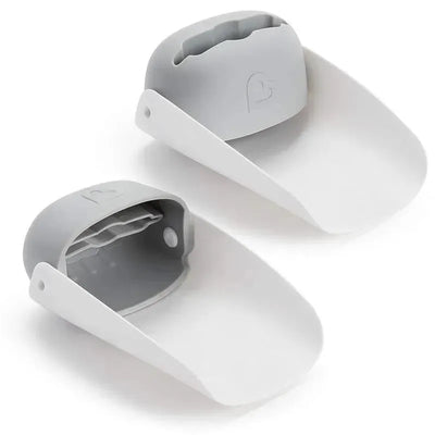 Faucet extenders in grey, designed for children to reach water easily; includes two pieces with a rounded top and a curved base.