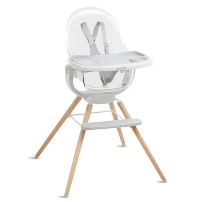 High chair featuring a clear plastic seat, adjustable tray, and wooden legs, designed for babies to eat comfortably.