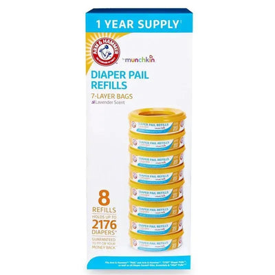 Munchkin Arm & Hammer Diaper Pail Refill rings 8-Pack, 2,176-count, featuring lavender-scented 7-layer bags.