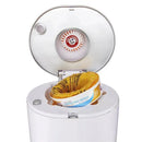 Munchkin Arm & Hammer Diaper Pail Refill rings, 8-pack, featuring yellow refill bags inside a diaper pail with a lid.