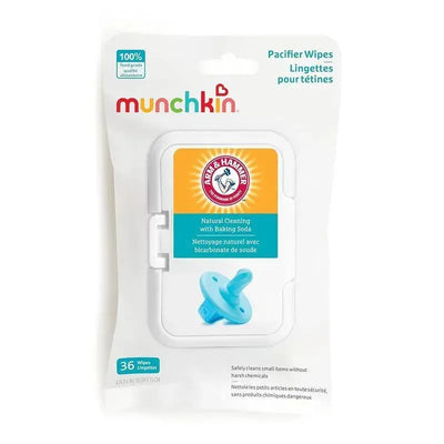 Munchkin Arm & Hammer Pacifier Wipes, 36-count, with a blue pacifier graphic and details on natural cleaning with baking soda.