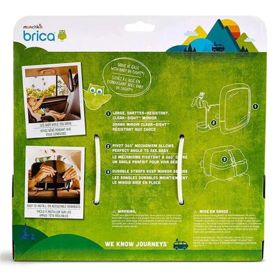 Adjustable car mirror for safely viewing a baby, featuring a 360° pivot mechanism, shatter-resistant design, and installation instructions.