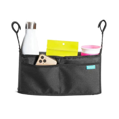 Stroller organizer featuring a black fabric design with compartments for a water bottle, phone, snacks, and cup.