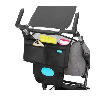 Munchkin Brica stroller organizer features multiple compartments for a phone, snacks, and a wipes dispenser, designed for easy access.