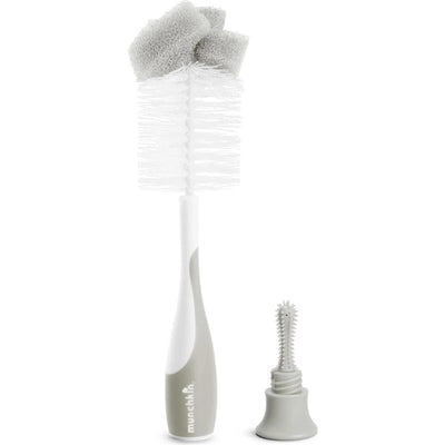 Bristle bottle brush with gray and white design, featuring a foam top and a smaller cleaning brush attachment.