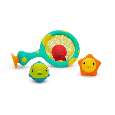 Munchkin Catch & Score Hoop bath toy set featuring a blue hoop with a net, a red octopus, and two colorful floating toys.