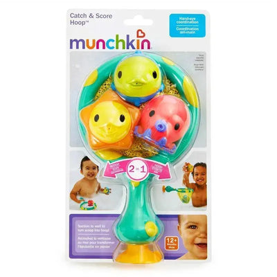 Munchkin Catch & Score Hoop Bath Toy featuring a green hoop with playful fish and an octopus, promoting hand-eye coordination.